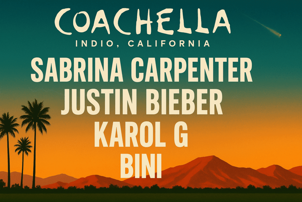 Affiche simplifiée et horizontale du festival Coachella 2026 avec fond désertique, palmiers et coucher de soleil. Les noms Sabrina Carpenter, Justin Bieber, Karol G et BINI apparaissent en gros caractères blancs.