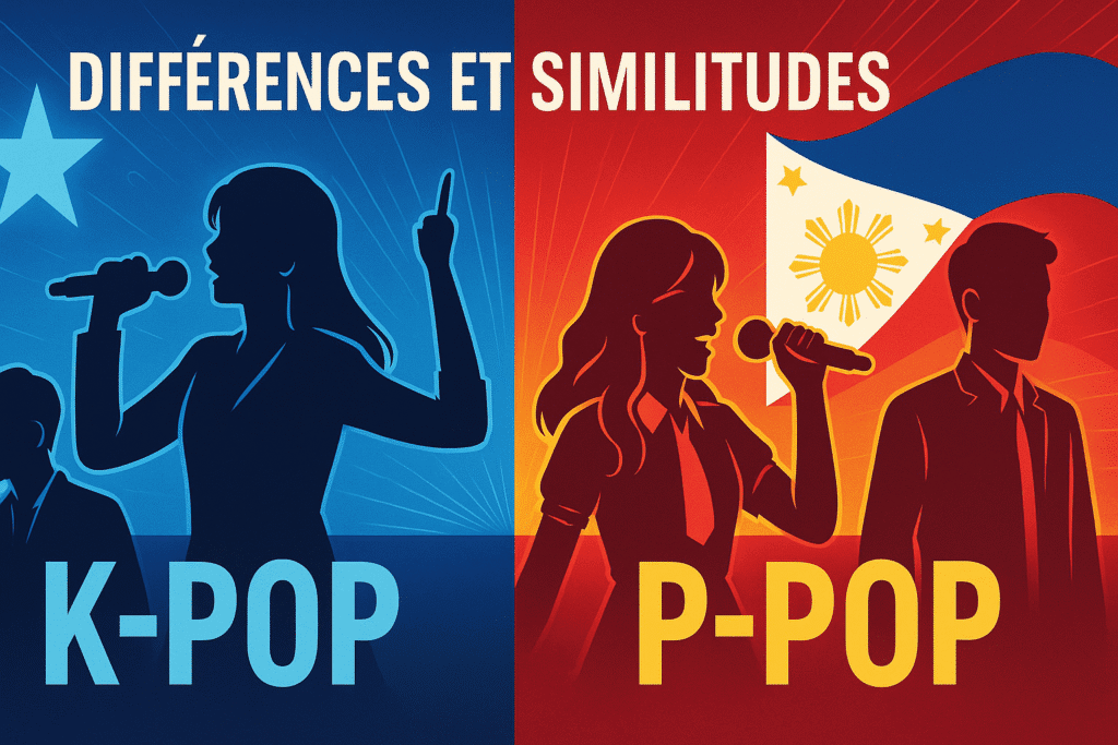 Illustration horizontale représentant la comparaison entre la K-pop et la P-pop, deux scènes musicales asiatiques populaires, avec artistes, couleurs et ambiance moderne