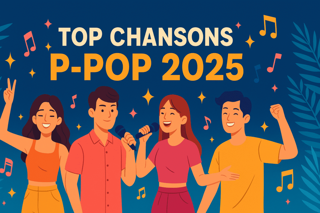 Bannière horizontale colorée avec le texte ‘Top chansons P-pop 2025’, représentant quatre personnages chantant et dansant dans une ambiance festive avec notes de musique.