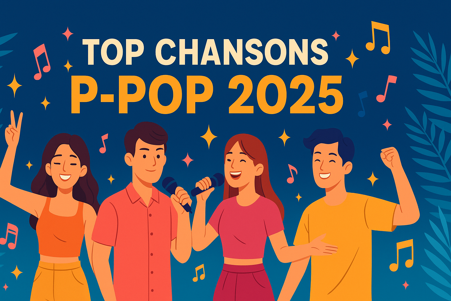 Bannière horizontale colorée avec le texte ‘Top chansons P-pop 2025’, représentant quatre personnages chantant et dansant dans une ambiance festive avec notes de musique.