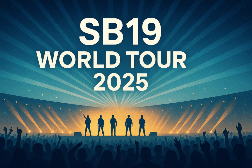 Bannière horizontale illustrant la tournée mondiale SB19 Simula at Wakas World Tour 2025, avec silhouettes des cinq membres sur scène devant une foule et projecteurs lumineux.