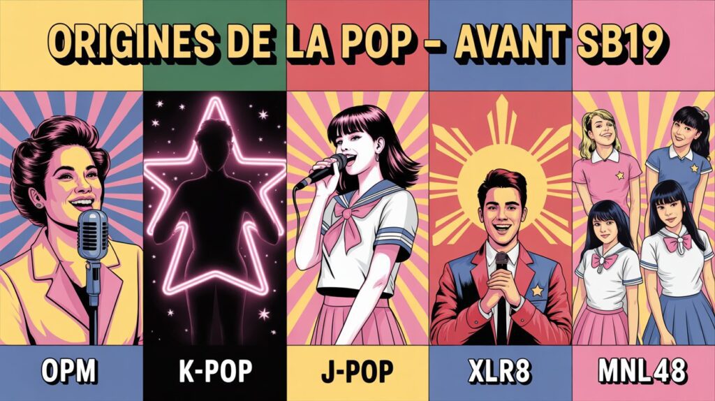 Illustration des origines de la P-pop, la pop philippine, mettant en avant ses racines culturelles et ses influences musicales asiatiques et occidentales.