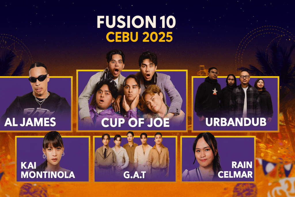 Affiche horizontale officielle du festival Fusion 10 Cebu 2025, présentant les artistes Al James, Cup of Joe, Urbandub, Kai Montinola, G.A.T et Rain Celmar, sur fond tropical nocturne avec le logo “Fusion 10 Cebu 2025”.