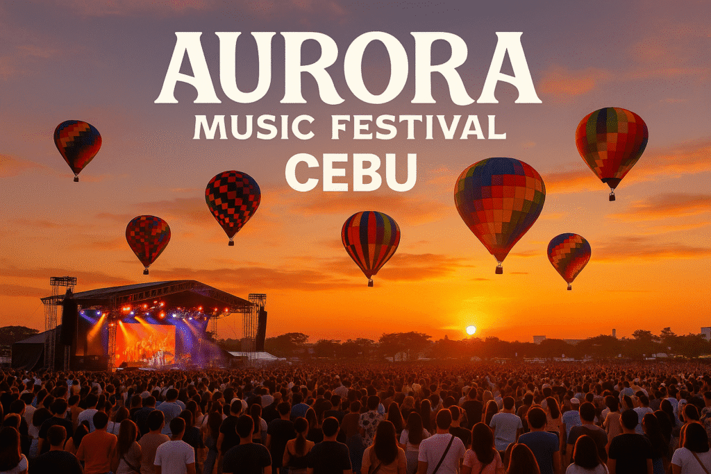 Vue aérienne du Aurora Music Festival à Cebu avec montgolfières colorées et foule en fête devant la scène principale.