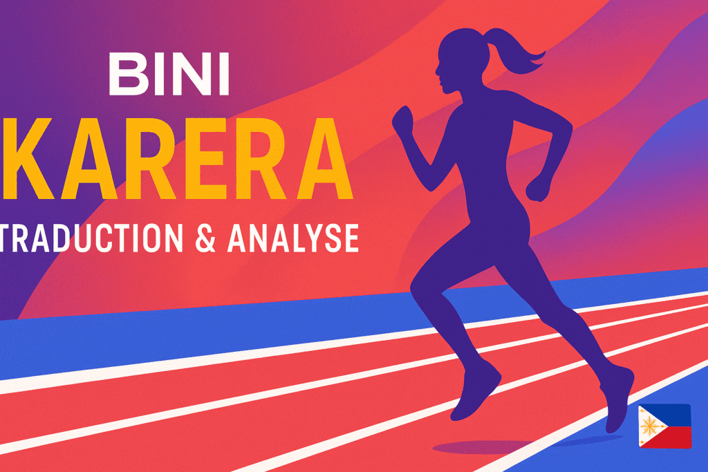 Visuel dynamique avec piste de course et silhouette de coureuse, accompagné du texte "BINI – Karera : Traduction & Analyse" avec drapeau philippin discret.
