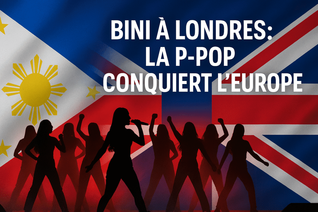 Illustration horizontale du concert de BINI à Londres, avec silhouettes des chanteuses sur fond combinant les drapeaux philippin et britannique, et texte “BINI à Londres : la P-pop conquiert l’Europe”.