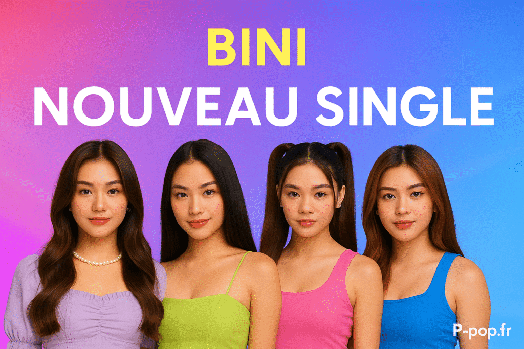 BINI annonce un nouveau single : visuel promotionnel horizontal avec dégradé rose-violet-bleu, titre “BINI – Nouveau single” et branding P-pop.fr.