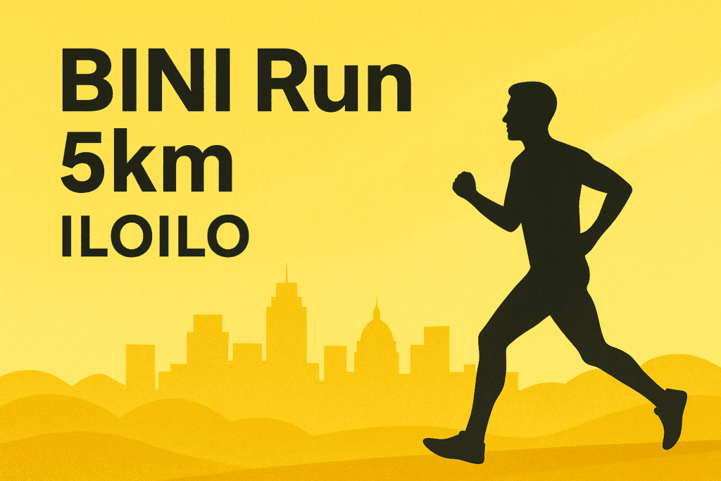 Course BINI Run 5KM à Iloilo avec des coureurs en silhouette sur fond jaune, inspiré de l’événement sportif organisé par le groupe philippin BINI.