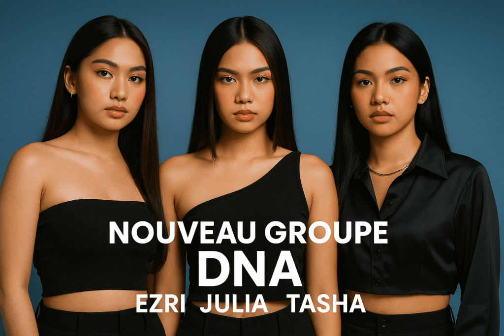 Portrait horizontal du groupe féminin philippin DNA, composé de Ezri, Julia et Tasha Mitra, posant devant un fond bleu dégradé. Les trois membres portent des tenues noires élégantes et dégagent une aura confiante et professionnelle. Le texte en blanc indique : « Nouveau groupe DNA – Ezri, Julia, Tasha ».