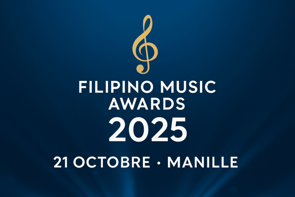 Affiche des Filipino Music Awards 2025, présentant un fond bleu nuit avec un logo en clé de sol dorée et le texte : « Filipino Music Awards 2025 – 21 octobre · Manille ».