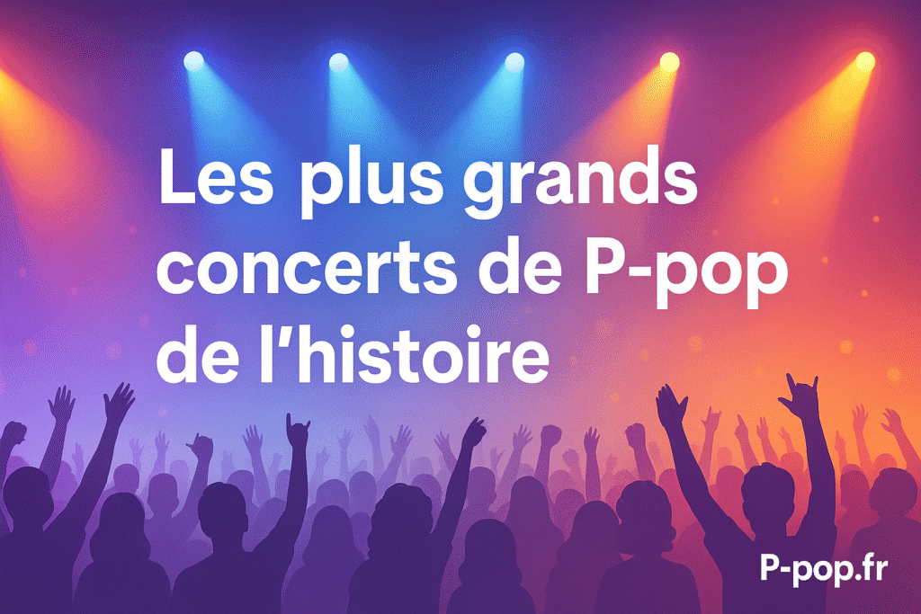 Visuel graphique horizontal représentant une foule en concert avec des projecteurs colorés et le texte "Les plus grands concerts de P-pop de l’histoire", branding P-pop.fr.