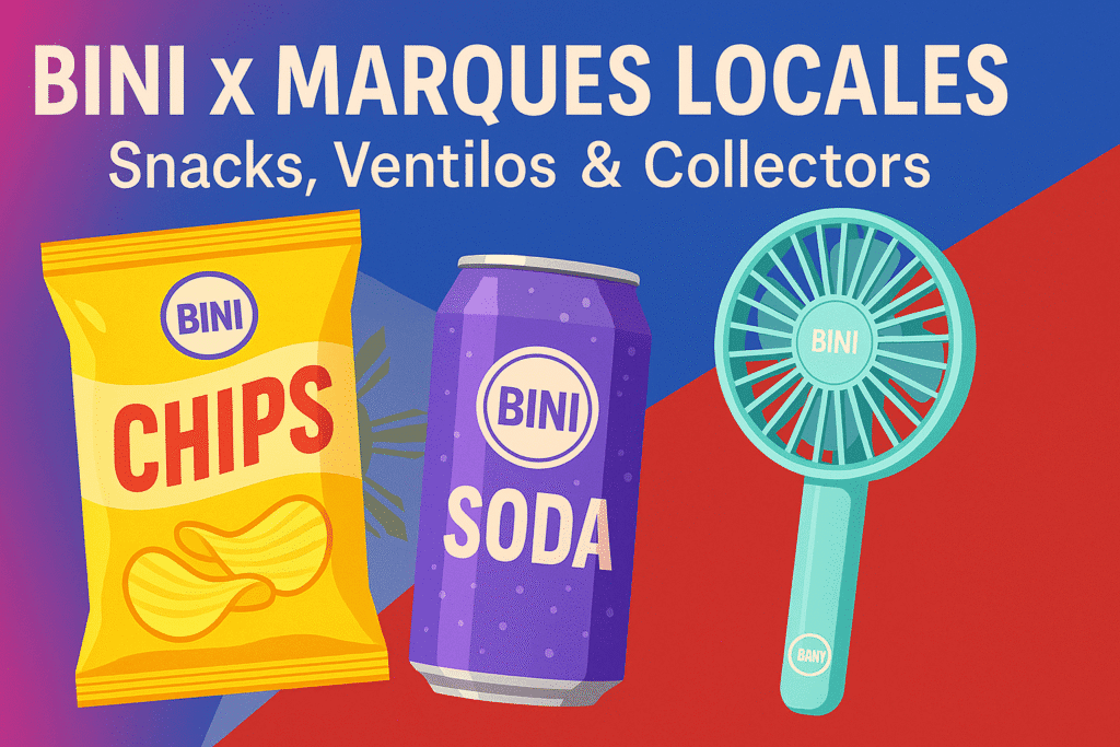 Visuel coloré horizontal présentant des produits dérivés BINI : snacks, boisson et ventilateur portable, sur fond pop avec le drapeau philippin.