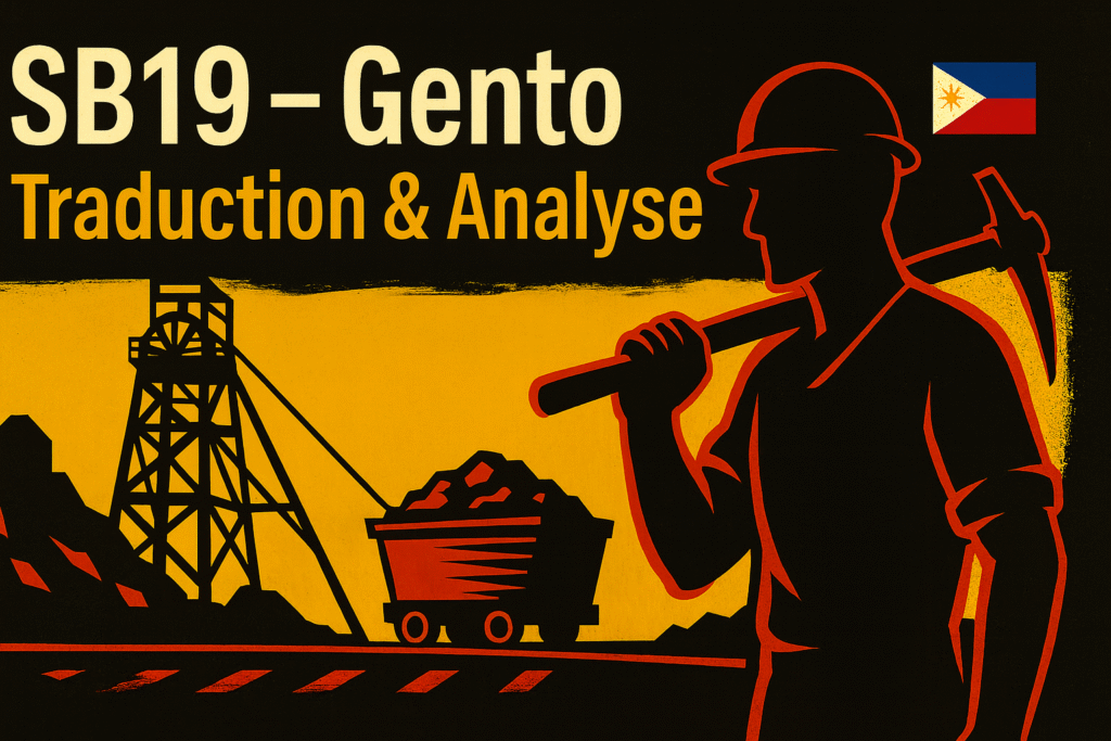 Visuel énergique en noir, or et rouge représentant un mineur avec une pioche et une mine stylisée, accompagné du texte "SB19 – Gento : Traduction & Analyse" et d’un petit drapeau philippin.