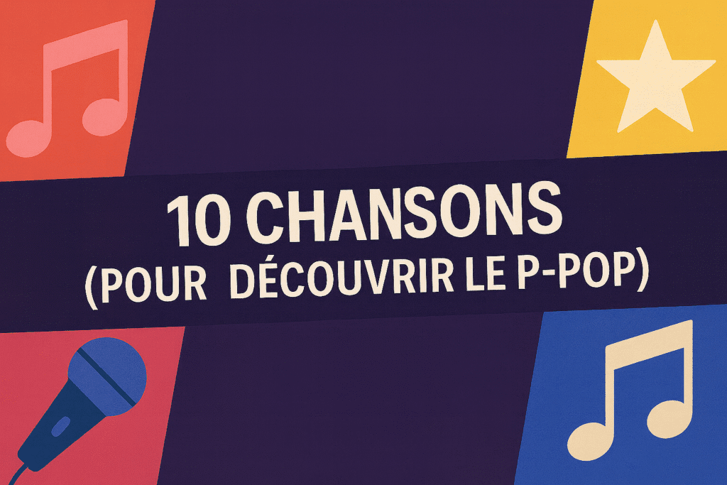 Visuel coloré horizontal avec des icônes de musique et le texte central « 10 chansons pour découvrir le P-Pop