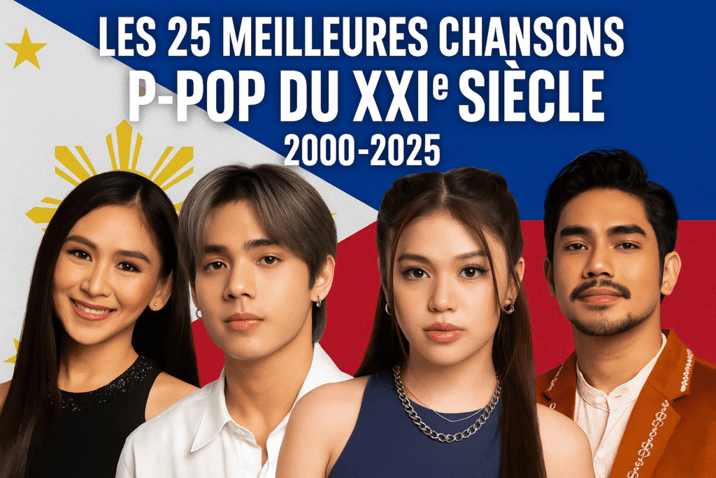 Affiche horizontale présentant Sarah Geronimo, un membre de SB19, une chanteuse de BINI et un membre d’ALAMAT devant le drapeau philippin, avec le titre “Les 25 meilleures chansons P-Pop du XXIe siècle (2000–2025)”.