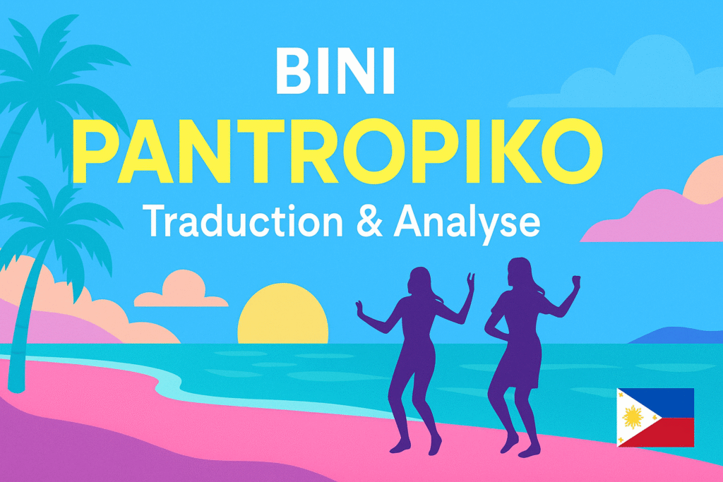 Visuel tropical coloré avec plage, palmiers et silhouettes de danseurs, accompagné du texte "BINI – Pantropiko : Traduction & Analyse" et d’un petit drapeau philippin.