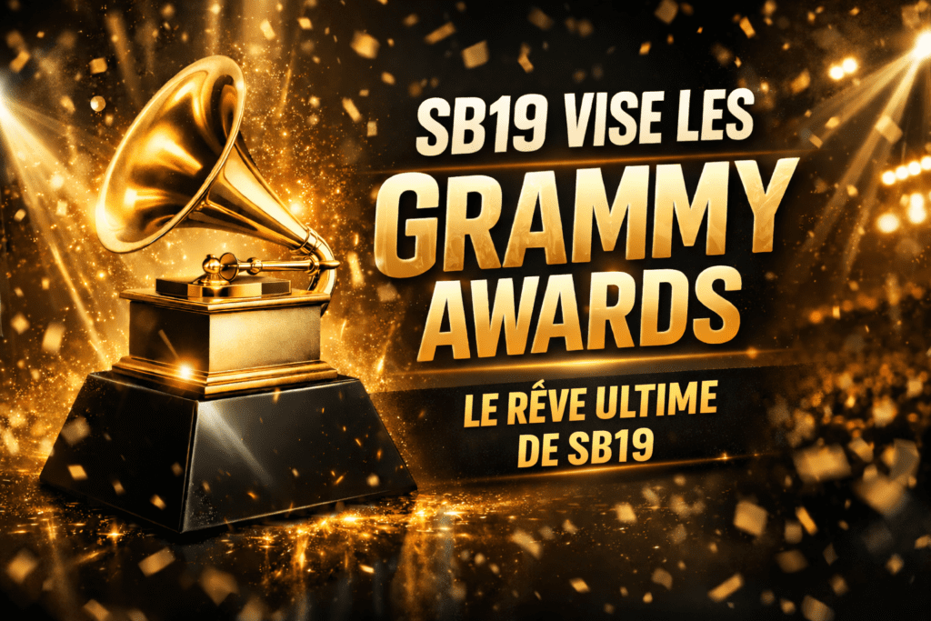 Trophée des Grammy Awards avec texte SB19 vise les Grammy Awards et le rêve ultime de SB19