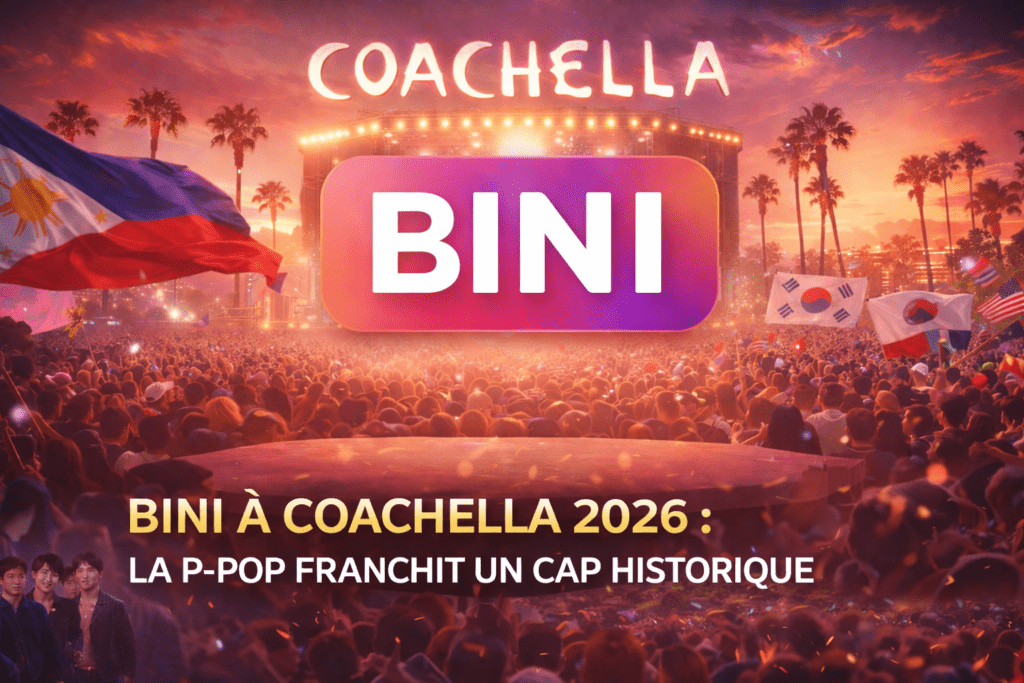 BINI à Coachella 2026 avec logo du groupe sur scène et public festival P-pop en pleine explosion