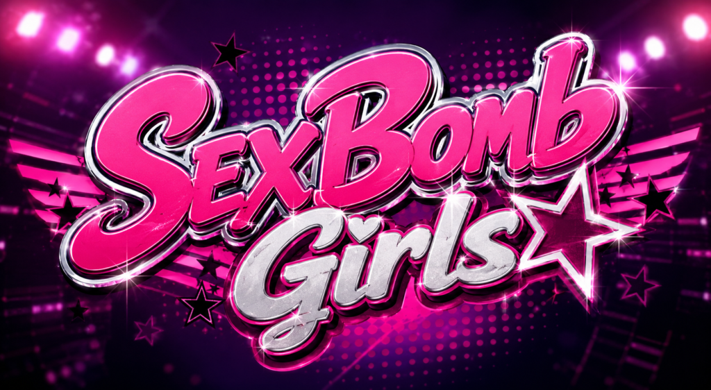 Visuel horizontal rétro et coloré du groupe philippin SexBomb Girls avec un logo rose flashy inspiré des années 2000 sur fond néon violet et rose.