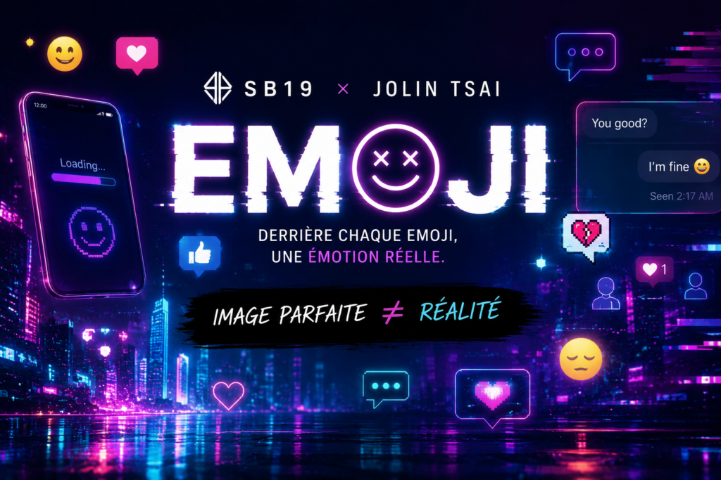 Illustration horizontale inspirée de la chanson « Emoji » de SB19 et Jolin Tsai. Le visuel montre une ville futuriste illuminée de néons, des smartphones, des bulles de discussion, des emojis et des icônes de réseaux sociaux symbolisant les émotions cachées derrière les apparences numériques. Le texte met en avant le contraste entre l’image affichée en ligne et la réalité.