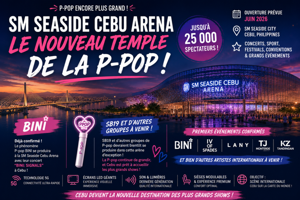 Affiche horizontale sur la SM Seaside Cebu Arena à Cebu présentant la future salle de concerts comme un nouveau lieu majeur de la P-pop avec BINI et de futurs shows de SB19 aux Philippines.