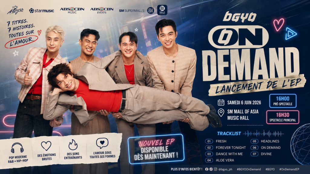 BGYO On Demand EP : les cinq membres du groupe P-pop philippin posent ensemble sur une affiche promotionnelle annonçant la sortie de leur nouvel EP « On Demand », avec la tracklist, la date de lancement et des éléments graphiques modernes aux couleurs bleu et rouge.