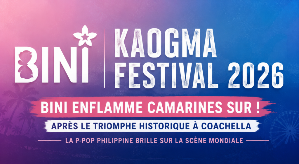 Visuel horizontal annonçant la participation de BINI au Kaogma Festival 2026 avec le logo du groupe, un fond aux couleurs rose et bleu, et un texte mettant en avant leur succès après leur prestation remarquée à Coachella.