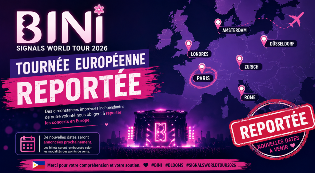 Illustration annonçant le report de la tournée européenne 2026 de BINI, avec une carte de l'Europe indiquant les villes concernées et un visuel de scène de concert.