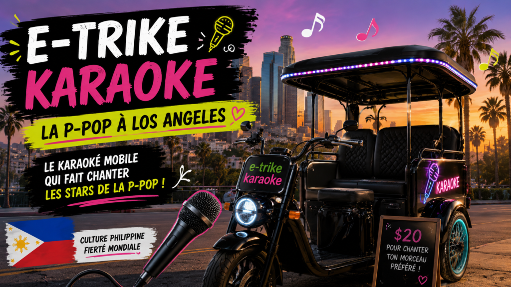 Tricycle électrique de karaoké dans les rues de Los Angeles avec micro et références à la P-Pop philippine, inspiré du concept E-Trike Karaoke.