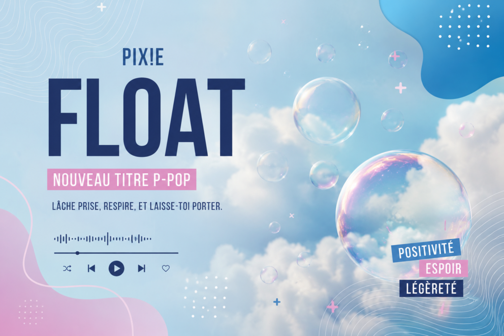 Illustration originale inspirée de la chanson FLOAT de PIX!E, représentant une atmosphère légère et apaisante avec des nuages, un ciel lumineux et des éléments symbolisant l'espoir, le lâcher-prise et la douceur de la P-pop philippine.
