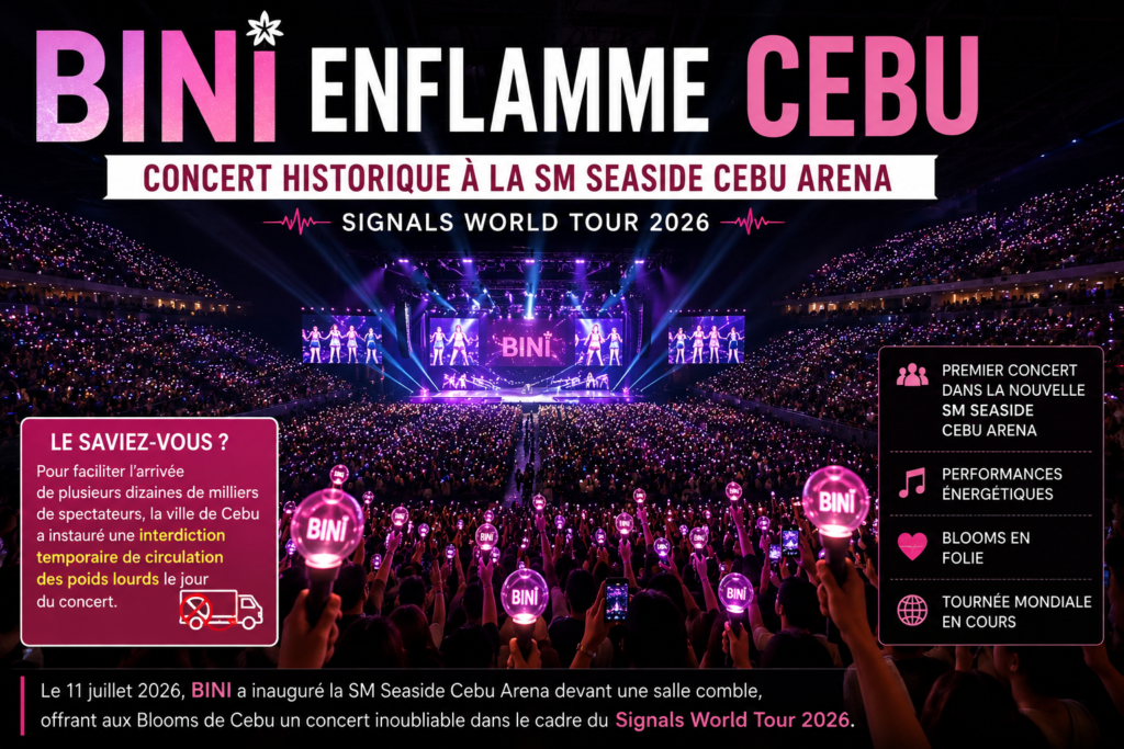 BINI en concert à la SM Seaside Cebu Arena lors de l'étape de Cebu du Signals World Tour 2026 devant des milliers de Blooms.