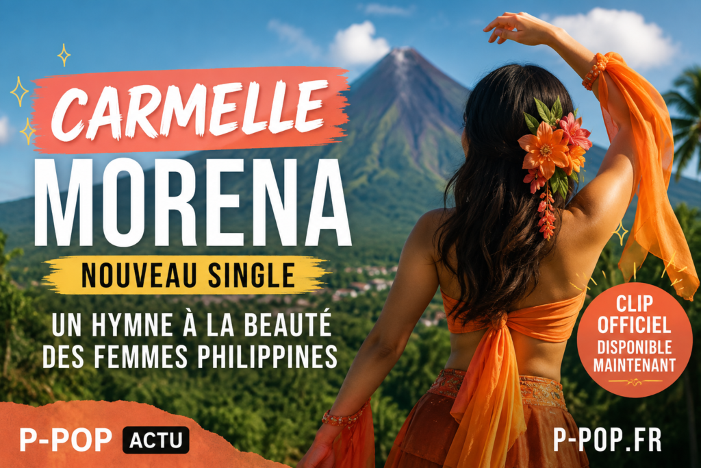 Illustration inspirée du single « Morena » de CARMELLE, montrant une silhouette féminine face au volcan Mayon pour illustrer la sortie du nouveau titre de l'artiste P-pop.