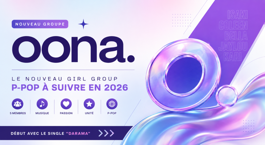 Illustration graphique du groupe P-pop oona. présentant son premier single DARAMA et ses débuts sur la scène musicale philippine en 2026.