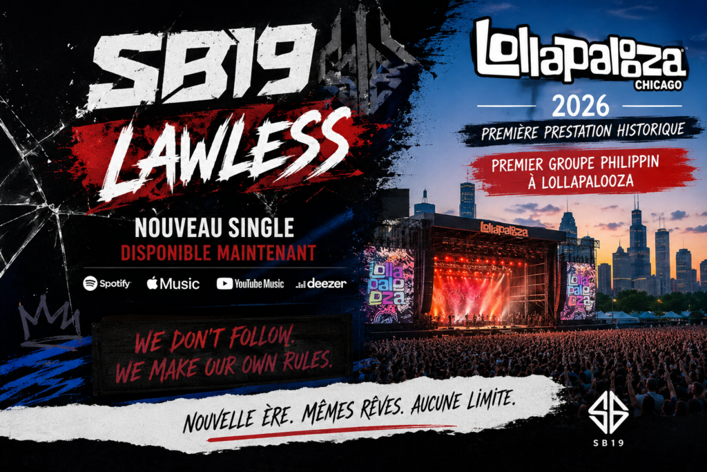 Illustration annonçant la sortie de « LAWLESS », le nouveau single de SB19, après la prestation historique du groupe à Lollapalooza Chicago 2026.