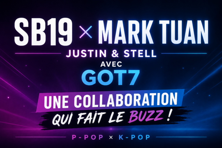 Visuel typographique annonçant la collaboration virale entre Justin et Stell de SB19 et Mark Tuan de GOT7.