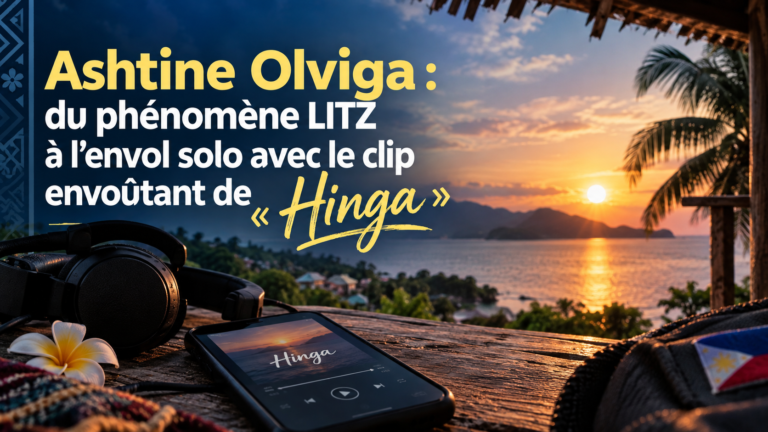 Ashtine Olviga et son titre « Hinga » mis en avant sur un visuel musical avec un coucher de soleil aux Philippines, un casque audio et un smartphone.